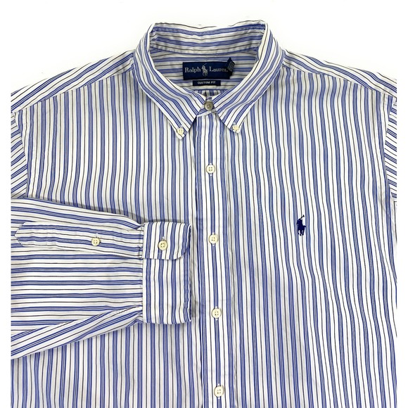 Ralph Lauren Polo Men's CUSTOM FIT Button Down Cotton Pony Blue Stripe Shirt XXL - Picture 1 of 10